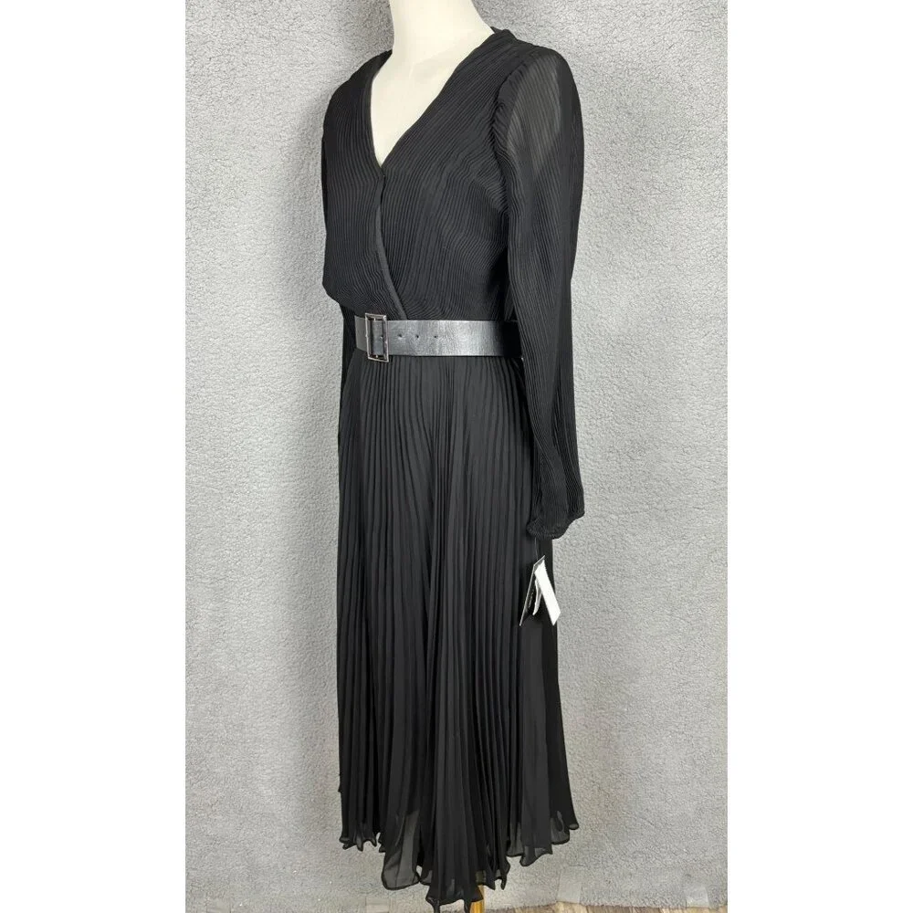 Taylor Women's Black Pleated Belted Fit & Flare Midi Chiffon Dress 12 NWT's. - Picture 5 of 8